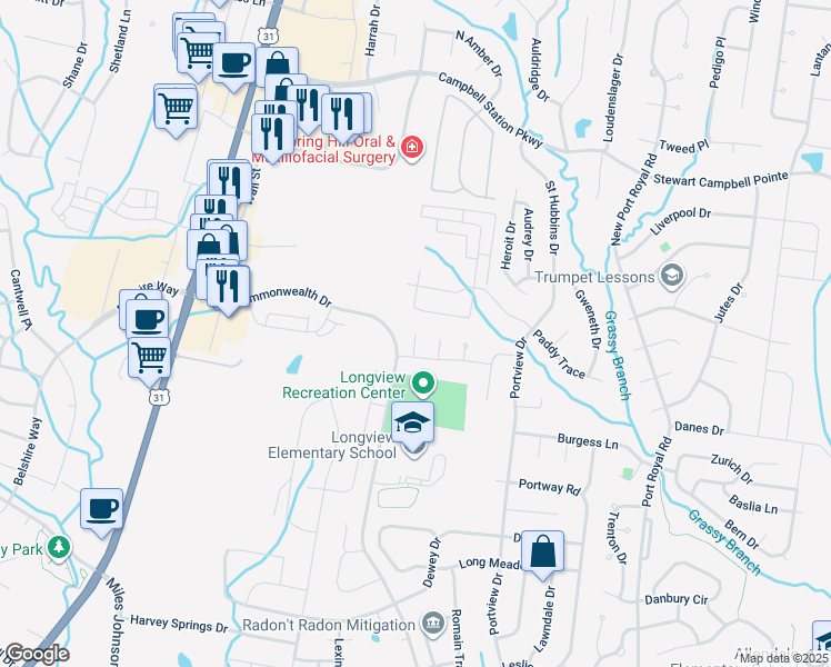 map of restaurants, bars, coffee shops, grocery stores, and more near Burnwick Court in Spring Hill