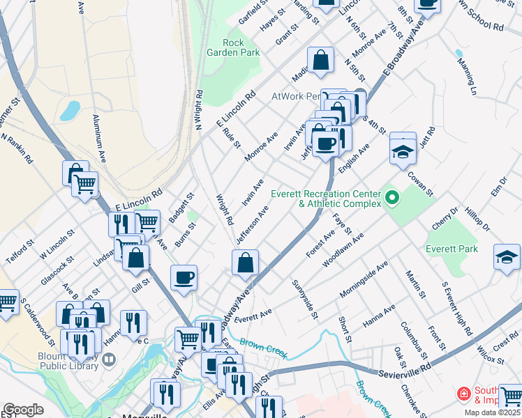 map of restaurants, bars, coffee shops, grocery stores, and more near 1231 Jefferson Avenue in Maryville