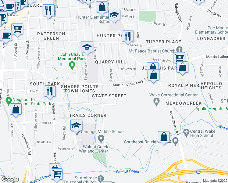 map of restaurants, bars, coffee shops, grocery stores, and more near 1010 Coleman Street in Raleigh