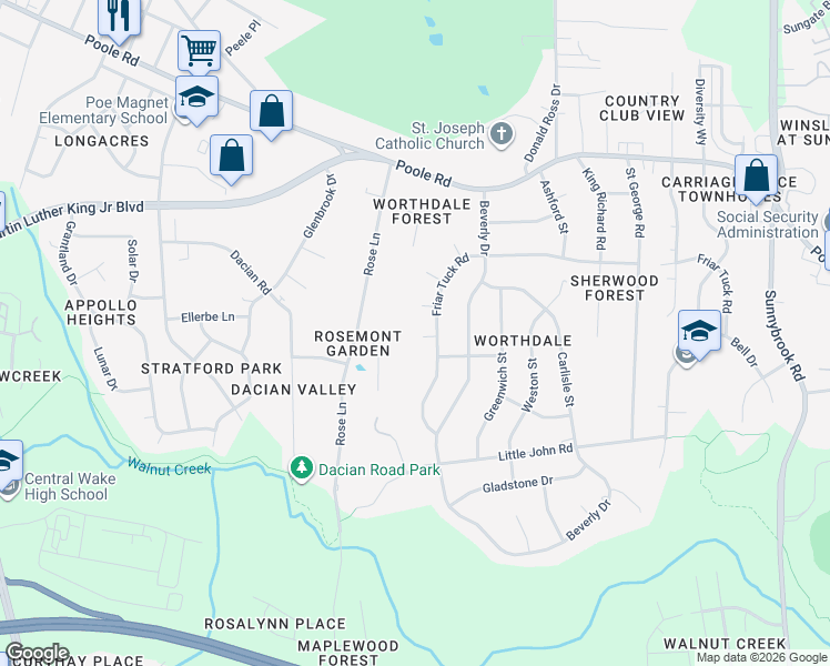 map of restaurants, bars, coffee shops, grocery stores, and more near 2604 Bradford Place in Raleigh