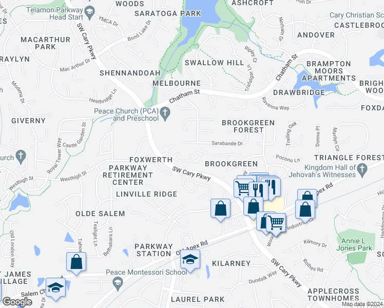 map of restaurants, bars, coffee shops, grocery stores, and more near 104 Mint Court in Cary