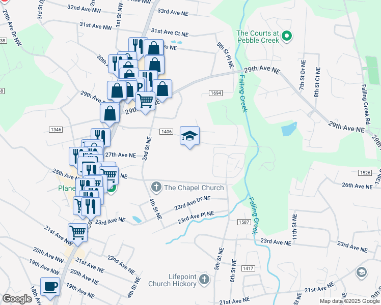 map of restaurants, bars, coffee shops, grocery stores, and more near 302 28th Avenue Northeast in Hickory