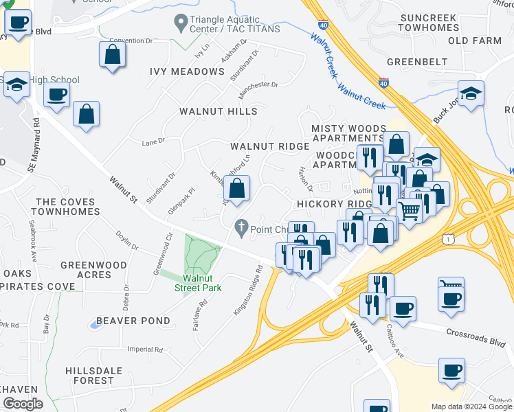 map of restaurants, bars, coffee shops, grocery stores, and more near 1215 Nottingham Drive in Cary