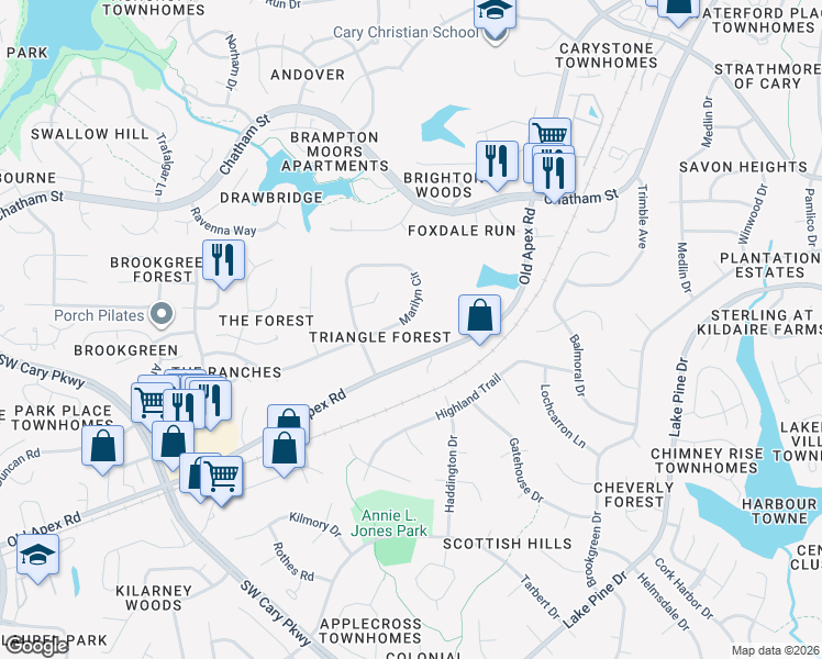 map of restaurants, bars, coffee shops, grocery stores, and more near 245 Marilyn Circle in Cary