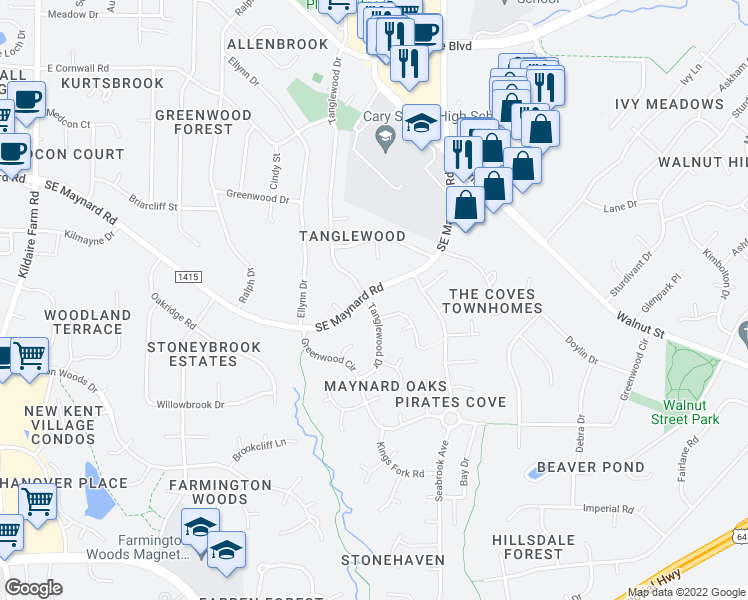 map of restaurants, bars, coffee shops, grocery stores, and more near 608 Southeast Maynard Road in Cary