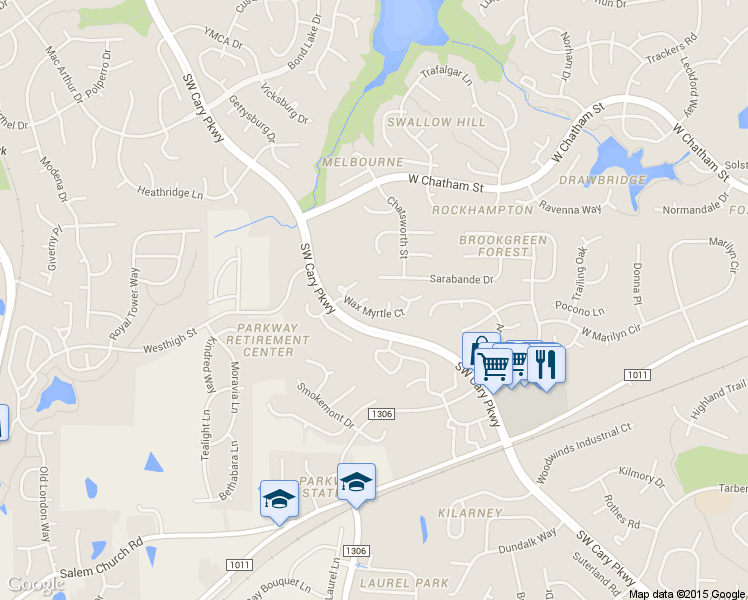 map of restaurants, bars, coffee shops, grocery stores, and more near 106 London Plain Court in Cary