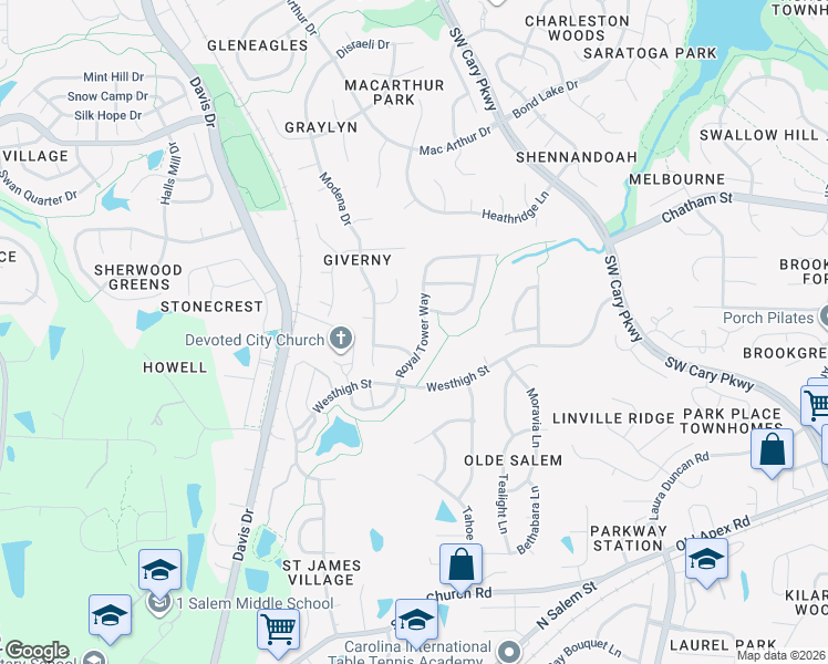 map of restaurants, bars, coffee shops, grocery stores, and more near 601 Royal Tower Way in Cary