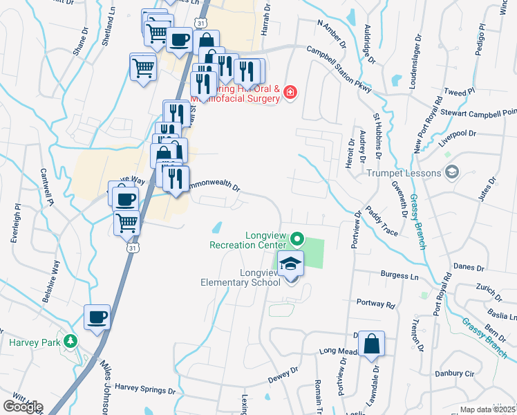 map of restaurants, bars, coffee shops, grocery stores, and more near 28802880 Commonwealth Drive in Spring Hill