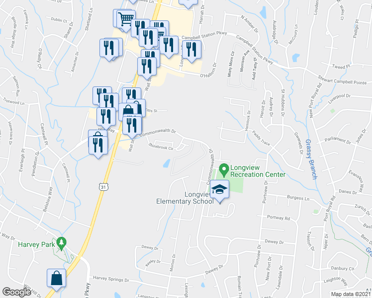 map of restaurants, bars, coffee shops, grocery stores, and more near 211 Dursley Lane in Spring Hill