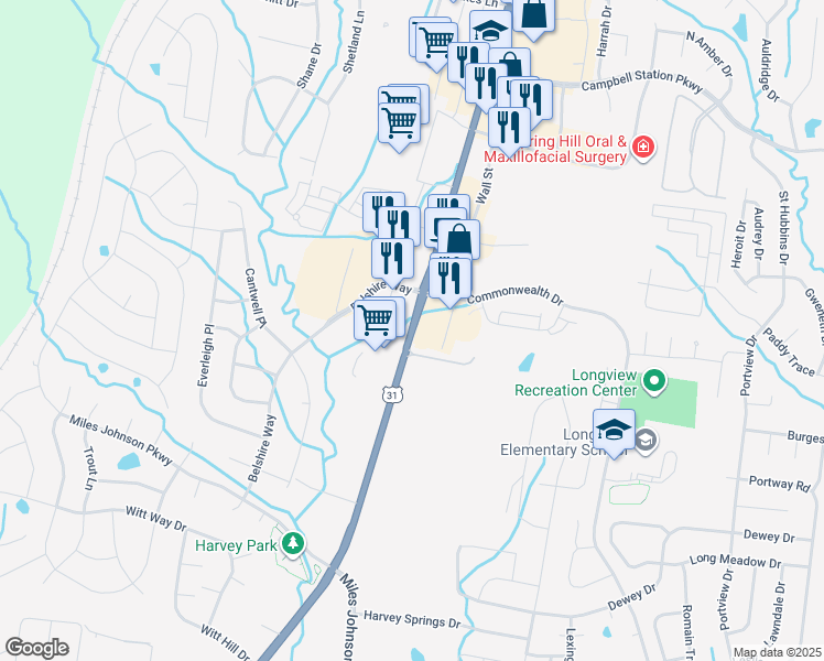 map of restaurants, bars, coffee shops, grocery stores, and more near 5021 Main Street in Spring Hill
