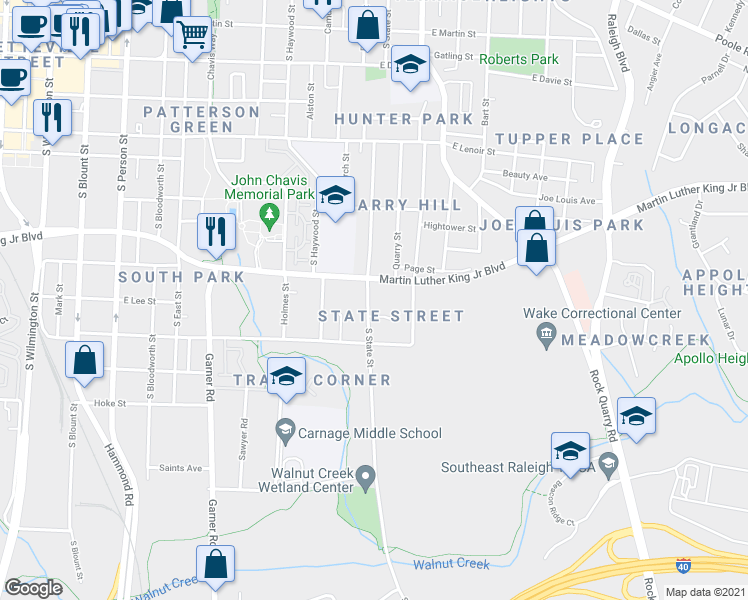 map of restaurants, bars, coffee shops, grocery stores, and more near 1117 South State Street in Raleigh