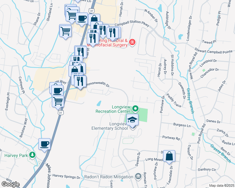 map of restaurants, bars, coffee shops, grocery stores, and more near 2880 Commonwealth Drive in Spring Hill