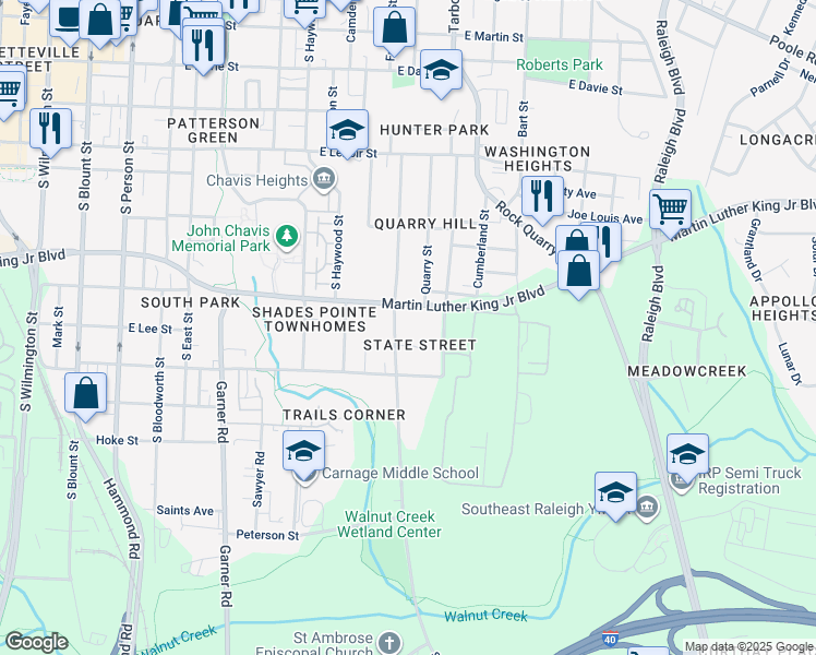 map of restaurants, bars, coffee shops, grocery stores, and more near 1117 South State Street in Raleigh