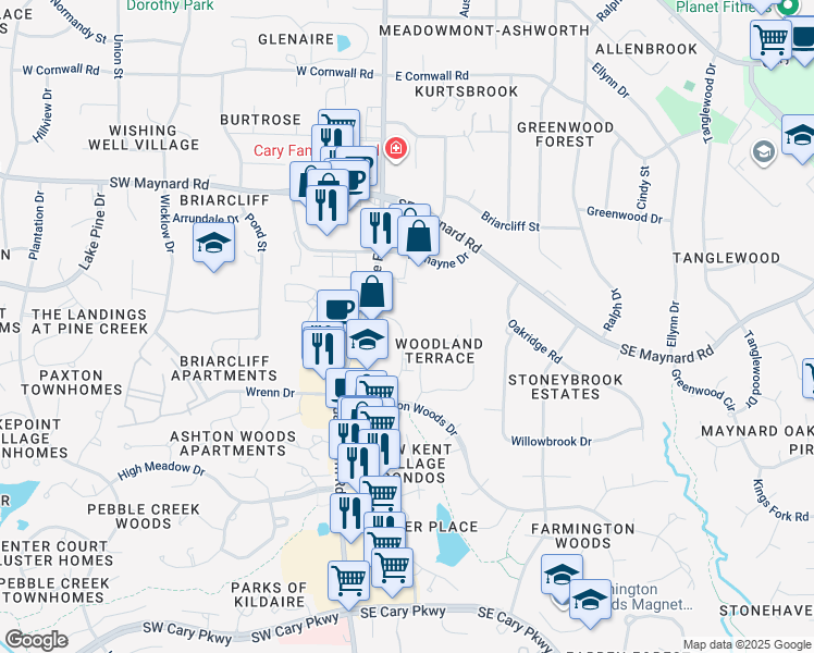 map of restaurants, bars, coffee shops, grocery stores, and more near 1145 Executive Circle in Cary