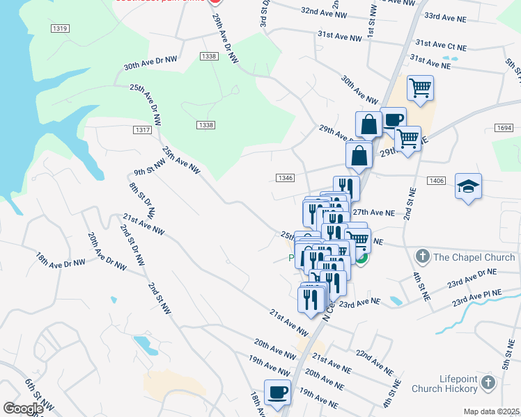 map of restaurants, bars, coffee shops, grocery stores, and more near 146 25th Avenue Northwest in Hickory
