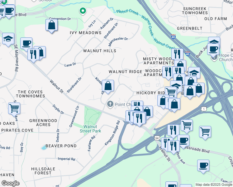 map of restaurants, bars, coffee shops, grocery stores, and more near 1215 Nottingham Drive in Cary