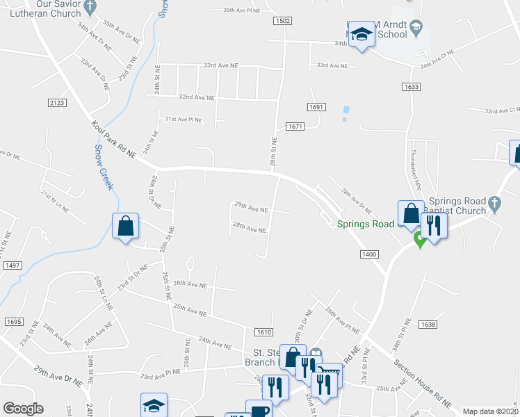 map of restaurants, bars, coffee shops, grocery stores, and more near 2701 29th Avenue Drive Northeast in Hickory