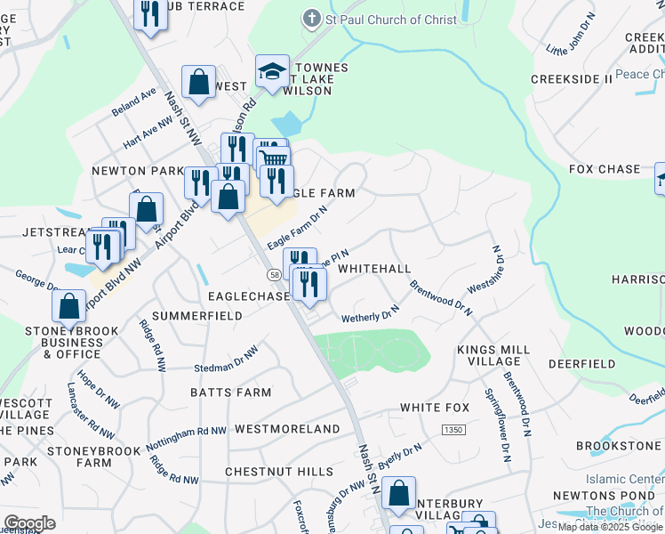 map of restaurants, bars, coffee shops, grocery stores, and more near 3520 Whetstone Place in Wilson