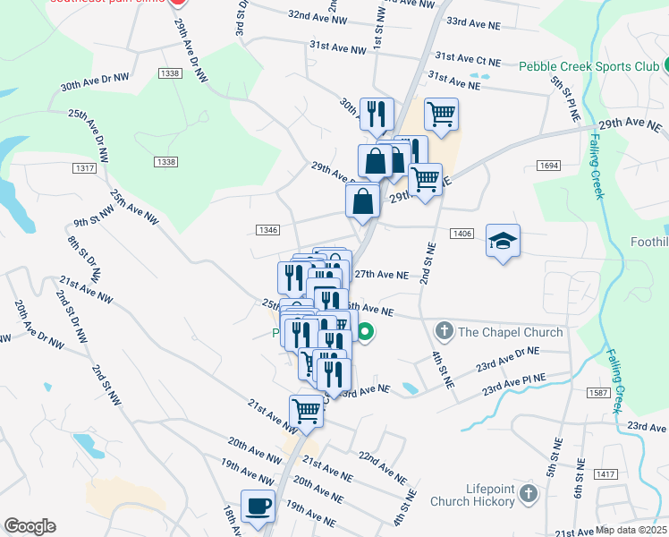 map of restaurants, bars, coffee shops, grocery stores, and more near 4 North Center Street in Hickory