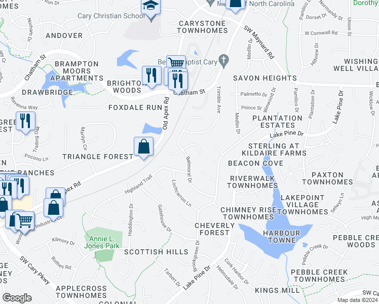 map of restaurants, bars, coffee shops, grocery stores, and more near 1109 Balmoral Drive in Cary