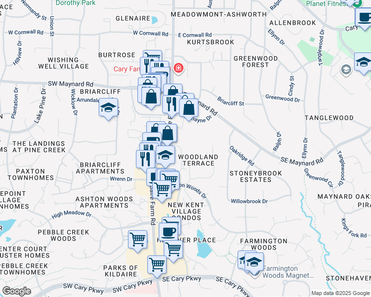 map of restaurants, bars, coffee shops, grocery stores, and more near 1145 Executive Circle in Cary