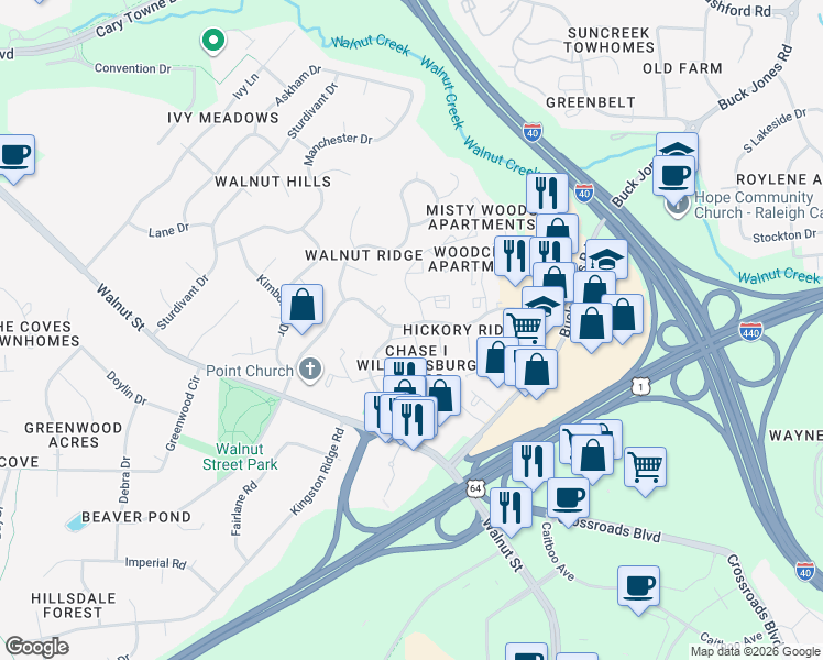map of restaurants, bars, coffee shops, grocery stores, and more near in Cary