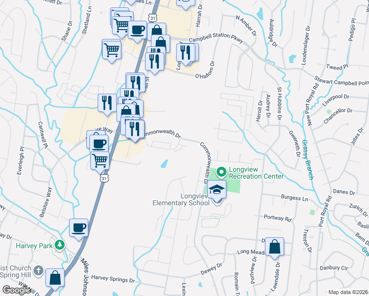 map of restaurants, bars, coffee shops, grocery stores, and more near 211 Dursley Lane in Spring Hill
