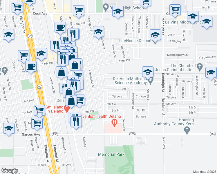 map of restaurants, bars, coffee shops, grocery stores, and more near Norwalk Street in Delano