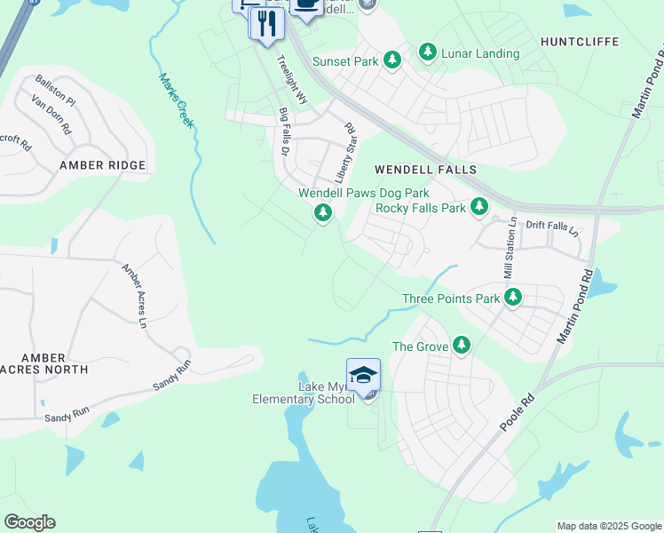 map of restaurants, bars, coffee shops, grocery stores, and more near 513 Liberty Star Road in Wendell
