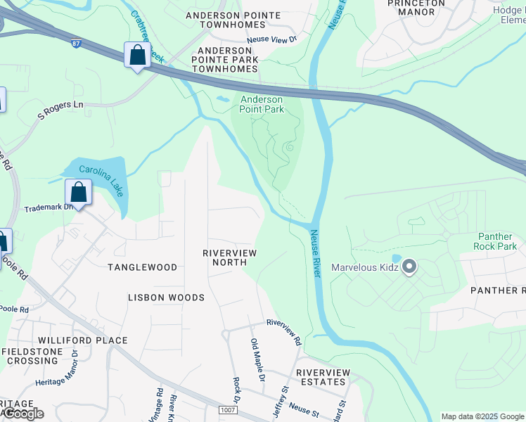 map of restaurants, bars, coffee shops, grocery stores, and more near 705 Riverview Road in Raleigh
