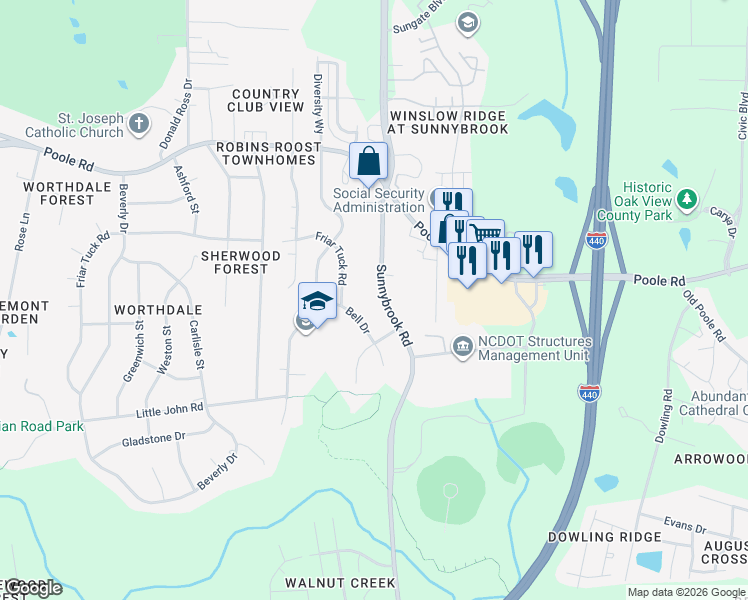 map of restaurants, bars, coffee shops, grocery stores, and more near 663 Sunnybrook Road in Raleigh