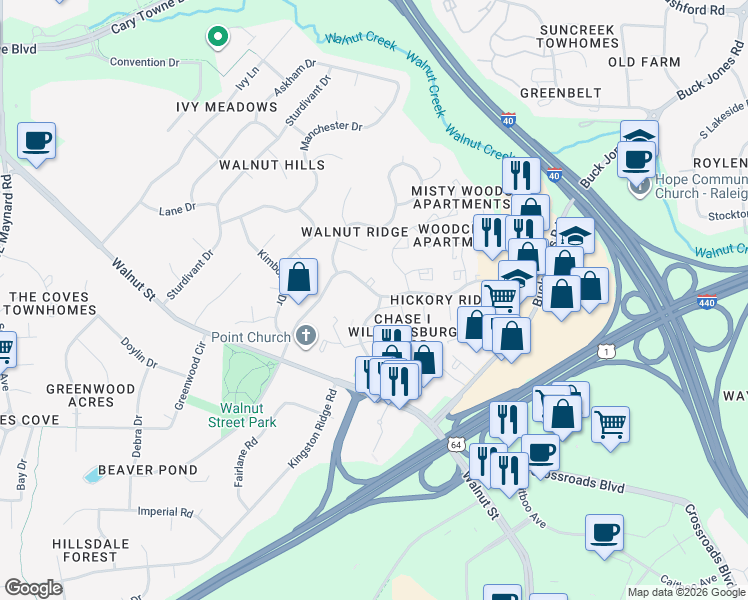 map of restaurants, bars, coffee shops, grocery stores, and more near 1111 Nottingham Circle in Cary