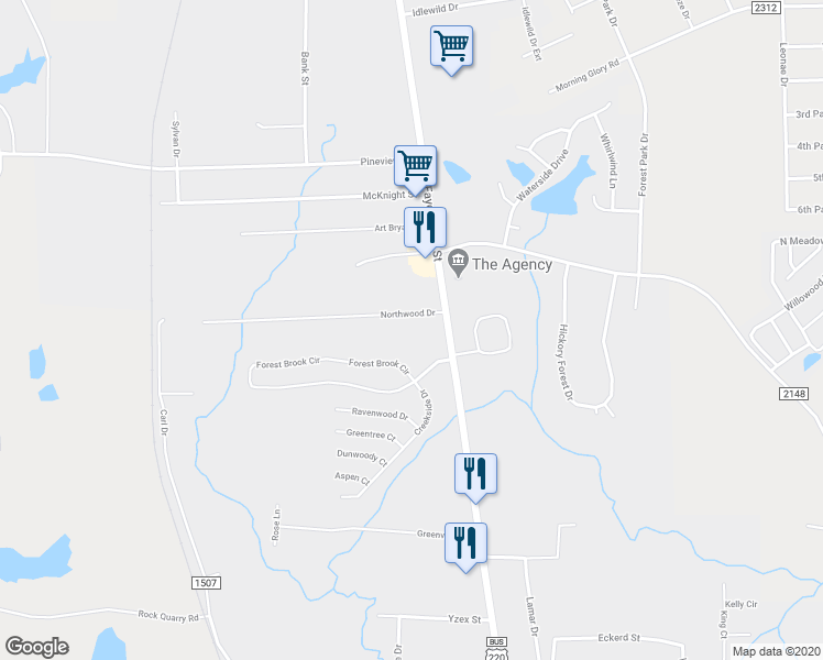 map of restaurants, bars, coffee shops, grocery stores, and more near 115 Northwood Drive in Asheboro