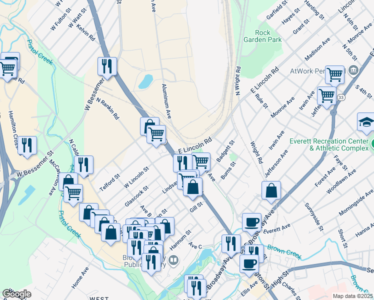 map of restaurants, bars, coffee shops, grocery stores, and more near 111 South Hall Road in Alcoa