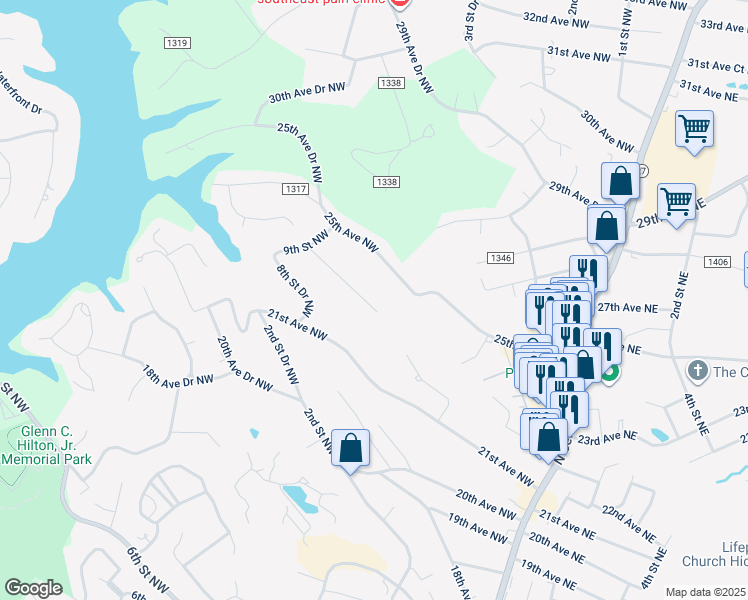 map of restaurants, bars, coffee shops, grocery stores, and more near 710 21st Avenue Drive Northwest in Hickory