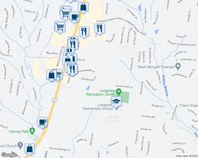 map of restaurants, bars, coffee shops, grocery stores, and more near 211 Dursley Lane in Spring Hill