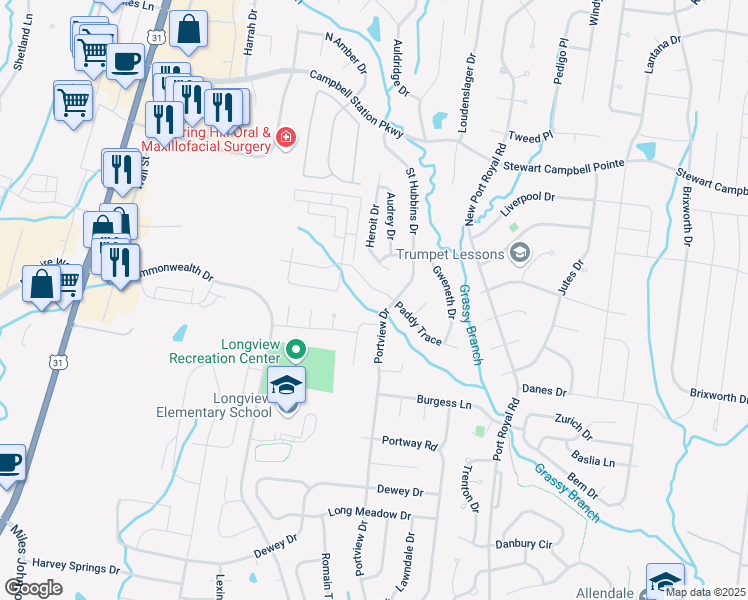 map of restaurants, bars, coffee shops, grocery stores, and more near 1046 Saint Hubbins Drive in Spring Hill