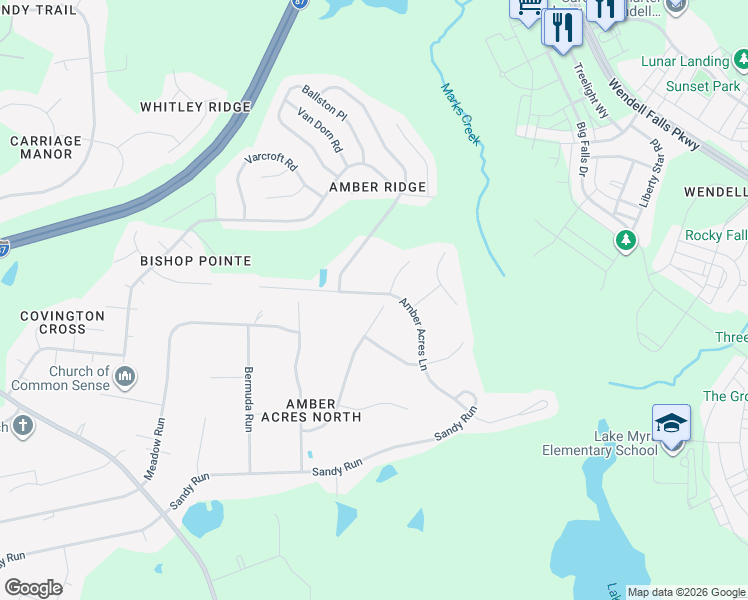 map of restaurants, bars, coffee shops, grocery stores, and more near 1129 Amber Acres Lane in Knightdale