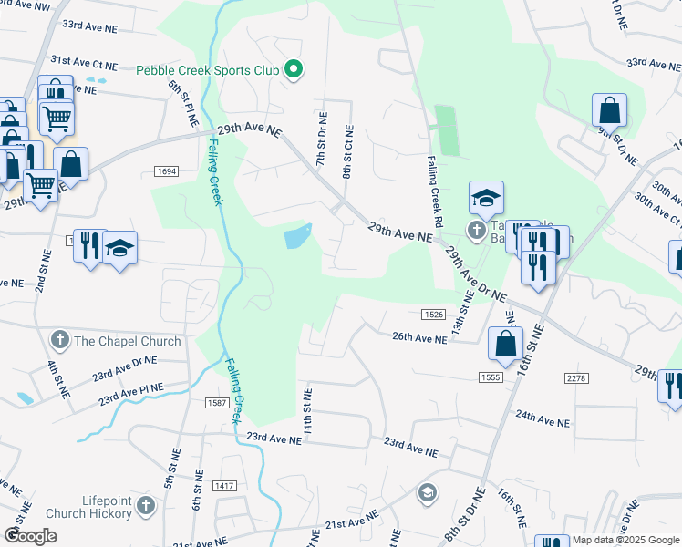 map of restaurants, bars, coffee shops, grocery stores, and more near 860 Wynnshire Drive in Hickory