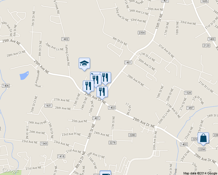 map of restaurants, bars, coffee shops, grocery stores, and more near 2830 16th Street Northeast in Hickory