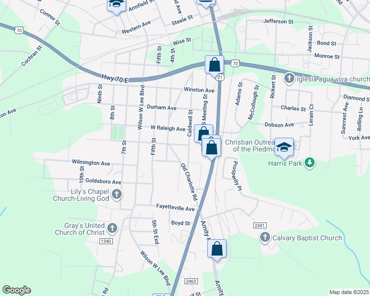 map of restaurants, bars, coffee shops, grocery stores, and more near 1302 Caldwell Street in Statesville