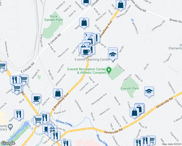 map of restaurants, bars, coffee shops, grocery stores, and more near 1406 Wales Avenue in Maryville