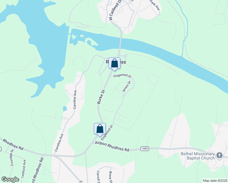 map of restaurants, bars, coffee shops, grocery stores, and more near 303 Burke Street in Hickory