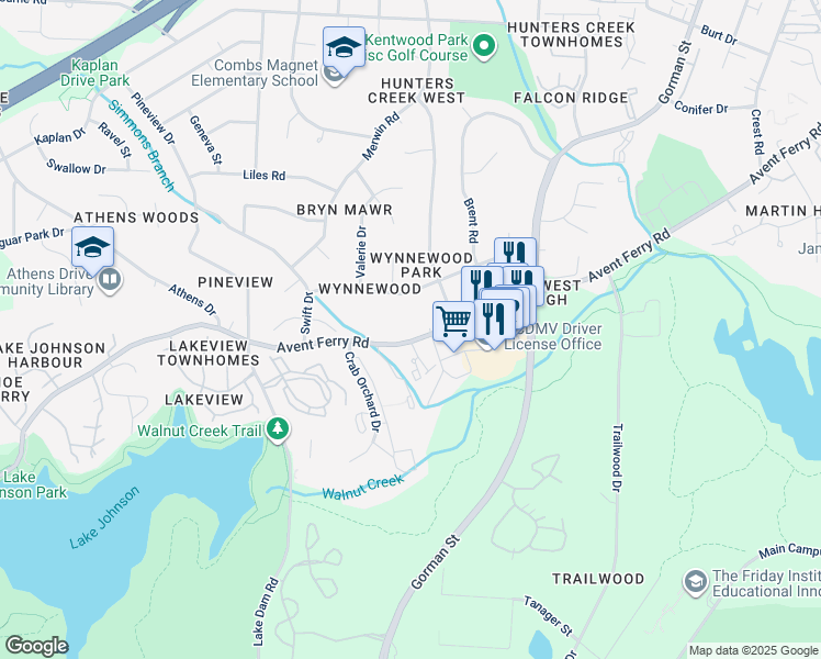 map of restaurants, bars, coffee shops, grocery stores, and more near 3418 Avent Ferry Road in Raleigh