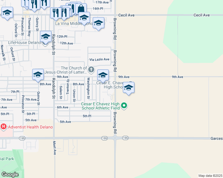 map of restaurants, bars, coffee shops, grocery stores, and more near in Delano