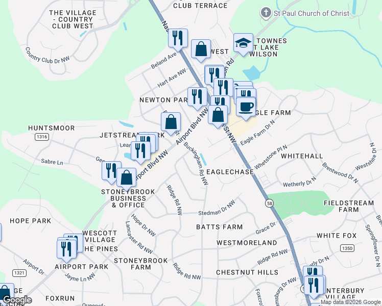 map of restaurants, bars, coffee shops, grocery stores, and more near 3101 Buckingham Road Northwest in Wilson