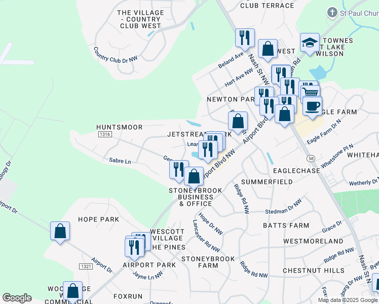 map of restaurants, bars, coffee shops, grocery stores, and more near 3801 Lear Court Northwest in Wilson