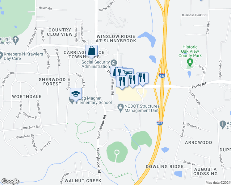 map of restaurants, bars, coffee shops, grocery stores, and more near 911 Williams Road in Raleigh