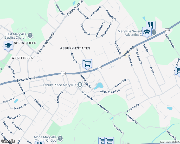 map of restaurants, bars, coffee shops, grocery stores, and more near 2655 Sevierville Road in Maryville