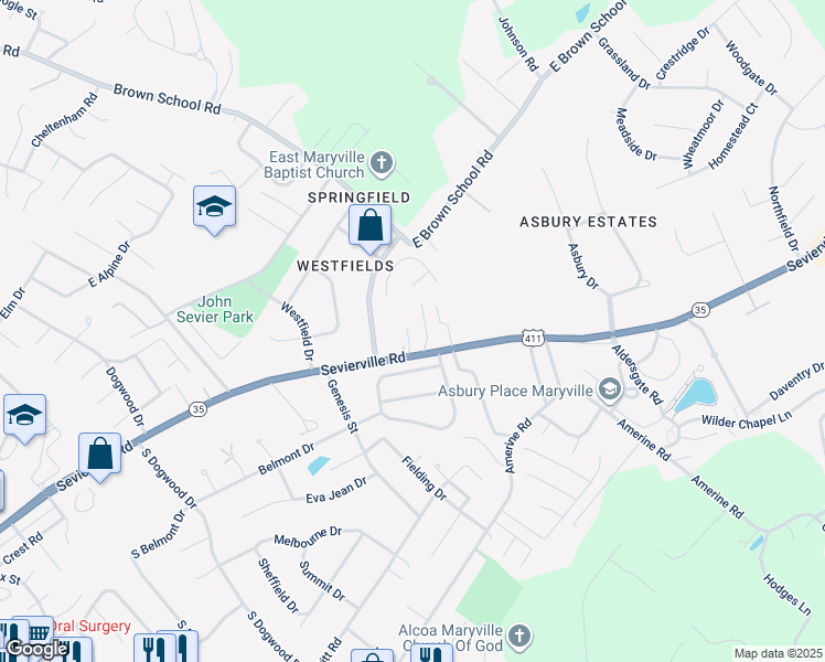 map of restaurants, bars, coffee shops, grocery stores, and more near 407 Joshua Drive in Maryville